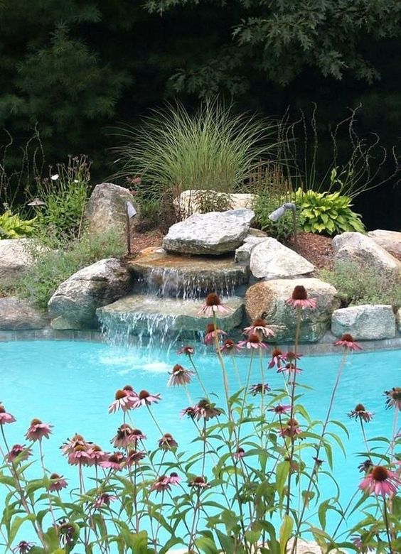 Swimming Pool with Waterfalls: Simple Natural Design